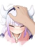  1girl ^_^ bangs black_hairband blunt_bangs blurry blush chagama_teishoku child closed_eyes collarbone cropped_torso depth_of_field disembodied_limb dot_nose dress eyebrows_visible_through_hair flat_chest gradient_hair hair_ornament hairband hand_on_another&#039;s_head headpat highres horns kanna_kamui kobayashi-san_chi_no_maidragon leaning_forward long_hair motion_lines multicolored_hair no_mouth nose_blush pink_dress pov purple_hair sidelocks simple_background solo_focus straight-on symbol-only_commentary two-tone_hair upper_body white_background white_hair white_horns 
