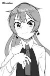  1girl greyscale hair_ribbon hand_on_own_chest kantai_collection kazagumo_(kancolle) kunsei_hamu long_hair looking_at_viewer monochrome neckerchief one-hour_drawing_challenge ponytail ribbon school_uniform solo upper_body 