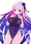    1girl breasts covered_navel earrings fate/grand_order fate_(series) flower grey_hair hair_flower hair_ornament highleg highleg_swimsuit highres jewelry kama_(fate) kama_(swimsuit_avenger)_(fate) large_breasts long_hair one-piece_swimsuit purple_flower purple_rose purple_swimsuit rose solo star_(symbol) star_earrings swimsuit very_long_hair violet_eyes zenshin 