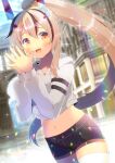  1girl :d ayanami_(azur_lane) azur_lane bangs black_shorts blurry blurry_background blush brown_eyes brown_hair commission crop_top day depth_of_field grey_hoodie hair_between_eyes hair_ornament hairclip hands_up headgear high_ponytail hood hood_down hoodie kou_hiyoyo long_hair long_sleeves looking_at_viewer midriff multicolored_hair navel open_mouth outdoors own_hands_together ponytail puffy_long_sleeves puffy_sleeves short_shorts shorts skeb_commission smile solo steepled_fingers streaked_hair thigh-highs very_long_hair white_legwear 