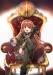  1girl alknasn boots bow bowtie brown_eyes brown_hair chair crossed_legs dress frills hair_ornament highres long_hair looking_at_viewer magia_record:_mahou_shoujo_madoka_magica_gaiden magical_girl mahou_shoujo_madoka_magica open_mouth parasol satomi_touka sitting smile soul_gem thigh-highs umbrella 