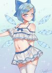  1girl absurdres alternate_costume alternate_hairstyle bangs blue_bow blue_eyes blue_hair blush bob_cut bow cirno closed_mouth commentary_request crop_top eyebrows_visible_through_hair frilled_shirt frills hair_bow hair_ornament hairclip highres ice ice_wings littiecy looking_at_viewer midriff miniskirt navel pleated_skirt shirt short_hair signature skirt solo sparkle stomach swept_bangs thigh-highs touhou white_legwear white_skirt wings zettai_ryouiki 