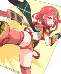  1girl bangs black_gloves breasts earrings eromame fingerless_gloves gloves jewelry large_breasts pyra_(xenoblade) red_eyes red_legwear red_shorts redhead short_hair short_shorts shorts solo swept_bangs thigh-highs tiara xenoblade_chronicles_(series) xenoblade_chronicles_2 