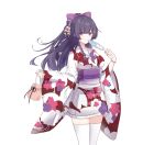  1girl artist_request bangs closed_mouth hair_between_eyes hair_ornament hair_ribbon hairpin hand_fan highres holding holding_fan honkai_(series) honkai_impact_3rd japanese_clothes kimono long_hair long_sleeves looking_at_viewer official_art ponytail purple_hair raiden_mei ribbon simple_background smile solo thigh-highs violet_eyes white_background white_kimono white_legwear 