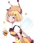  1girl absurdres antennae bee bee_costume blonde_hair blue_eyes blush brown_dress bug chibi chibi_inset deerstalker dress elbow_gloves eyebrows_visible_through_hair flower fur_collar gloves hat highres hololive hololive_english insect_wings looking_at_viewer maru_ccy medium_hair puffy_sleeves striped striped_dress watson_amelia white_sleeves wings yellow_dress yellow_flower 