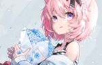  1girl animal_ear_fluff animal_ears bangs bare_shoulders blue_flower bouquet bow cat_ears cat_girl commentary_request flower hair_between_eyes hair_ornament holding holding_bouquet matoi_(c10h12n2omatoi) nyatasha_nyanners off_shoulder open_mouth petals pink_hair short_hair smile solo violet_eyes virtual_youtuber vshojo 