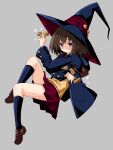  1girl blue_eyes blush brown_hair cape full_body grey_background hat highres iwashi_dorobou_-r- jewelry long_hair long_sleeves pleated_skirt refrain_no_chika_meikyuu_to_majo_no_ryodan simple_background skirt socks solo witch_hat 