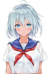  1girl ahoge blue_eyes blue_hair blue_sailor_collar blush bra_through_clothes closed_mouth cropped_shirt fumikiri looking_at_viewer medium_hair neckerchief original red_neckwear sailor_collar school_uniform serafuku shirt short_sleeves simple_background smile solo upper_body white_background white_shirt 