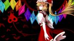  1girl back_bow bat black_background blonde_hair bow commentary_request cowboy_shot crazy_eyes crystal embodiment_of_scarlet_devil flandre_scarlet hat hat_bow highres kamabokopic laevatein_(touhou) looking_at_viewer looking_back mob_cap red_bow red_eyes red_skirt red_vest shaded_face side_ponytail skirt skirt_set smile solo touhou vest white_bow 