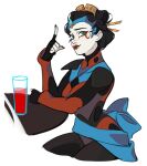  1girl autobot black_gloves black_hair black_nails blue_eyes bodysuit english_commentary eyeliner gloves hair_behind_ear hair_ornament hair_stick headdress makeup ninterbit pale_skin personification pointing pointing_up red_bodysuit red_eyeliner smile solo tied_hair transformers windblade 