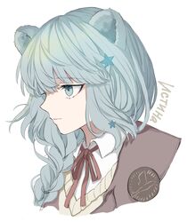  1girl animal_ears arknights bear_ears beige_vest blue_eyes blue_hair bolo_tie braid brown_sweater character_name commentary cyrillic eyebrows_visible_through_hair from_side hair_ornament highres istina_(arknights) long_hair neck_ribbon no_eyewear pin portrait red_neckwear ribbon shirt simple_background single_braid solo star_(symbol) star_hair_ornament sweater vhdtyzusixc7fai white_background white_shirt 