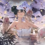  1girl :d absurdres arm_rest bangs bare_tree blurry blurry_foreground bottle breasts closed_eyes commentary cup english_commentary fireflies green_hair hair_bun highres holding holding_cup japanese_macaque jung_wonjo monkey naked_towel onsen open_mouth original outdoors partially_submerged plant smile snow solo towel towel_on_head tree water wet 