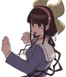  1girl :d bangs blue_shirt bojue_(hakus_1128) brown_eyes brown_hair chabashira_tenko choker commentary_request danganronpa_(series) danganronpa_v3:_killing_harmony eyebrows_visible_through_hair from_side grey_background hair_ornament hair_ribbon hairband hands_up highres long_hair mole mole_under_mouth open_mouth pink_choker pink_hairband ribbon sailor_collar shirt simple_background smile solo star_(symbol) star_hair_ornament twintails upper_body upper_teeth white_ribbon white_sailor_collar 