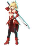 1girl armor bangs black_legwear blonde_hair blue_eyes breasts closed_mouth detached_sleeves eyebrows_visible_through_hair fate/apocrypha fate_(series) faulds full_body hair_between_eyes hair_ornament hair_scrunchie hand_on_hip high_heels holding holding_sword holding_weapon long_hair long_sleeves mordred_(fate) mordred_(fate/apocrypha) navel ponytail red_bandeau red_footwear red_scrunchie red_sleeves scrunchie simple_background small_breasts solo standing strapless sword tachi-e under_boob weapon white_background yustinos 