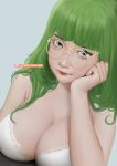  1girl absurdres bra breasts glasses green_eyes green_hair head_rest highres large_breasts long_hair looking_at_viewer original patreon_username regiana_(jubi) round_eyewear solo underwear upper_body veins veiny_breasts 