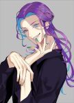  1boy alternate_costume alternate_hairstyle blue_eyes blue_hair blue_nails casual curly_hair fate/grand_order fate_(series) fingernails grey_background grin hair_intakes k500yen long_hair male_focus mephistopheles_(fate) multicolored multicolored_eyes pale_skin pointy_ears purple_hair sharp_fingernails smile thick_eyebrows violet_eyes 
