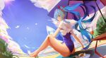  1girl absurdres afindex bangs beach bird black_swimsuit blue_eyes blue_hair blue_sky capelet clouds cup food full_body gradient_sky hatsune_miku highres knees_up looking_at_viewer looking_back one-piece_swimsuit outdoors parasol plant sitting sky swimsuit twintails umbrella vocaloid white_capelet 