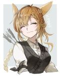  1girl alternate_costume alternate_hairstyle animal_ears arknights arrow_(projectile) bangs blonde_hair braid character_name closed_eyes highres kroos_(arknights) long_hair older rabbit_ears rabbit_girl shirt solo upper_body vest vhdtyzusixc7fai wavy_mouth white_shirt 