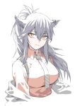  1girl animal_ears arknights bangs black_hair closed_mouth eyebrows_visible_through_hair formal highres necktie off_shoulder official_alternate_costume ponytail red_shirt shirt solo suit texas_(arknights) texas_(willpower)_(arknights) upper_body vhdtyzusixc7fai white_background wolf_ears yellow_eyes 
