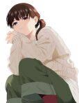  1girl :3 artist_name blush brown_hair green_pants knit_sweater mattaku_mousuke original own_hands_clasped own_hands_together pants ponytail solo squatting violet_eyes watermark white_background 