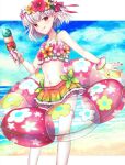  1girl bangs bare_shoulders beach bikini blue_sky blush breasts collarbone fate/grand_order fate_(series) flower_wreath food green_bikini hair_ribbon head_wreath highres ice_cream innertube kama_(fate) kama_(swimsuit_avenger)_(fate) licking_lips looking_at_viewer miniskirt navel ocean rainbow_skirt red_eyes ribbon shore short_hair silver_hair skirt sky small_breasts smile solo spece_ponta swimsuit thigh-highs thighs tongue tongue_out white_legwear 