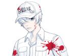  1boy black_eyes blood blood_on_clothes closed_mouth collared_jacket expressionless hair_over_one_eye hataraku_saibou jacket looking_at_viewer male_focus one_eye_covered pale_skin sanpaku short_hair simple_background siun solo spot_color u-1146 upper_body white_background white_blood_cell_(hataraku_saibou) white_hair white_headwear white_jacket wing_collar 