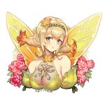  1girl bangs bare_shoulders blonde_hair blush breasts closed_mouth collarbone commentary detached_sleeves dress english_commentary eyebrows_visible_through_hair fairy fairy_wings fire_emblem fire_emblem_heroes flower gradient_hair green_dress green_hairband green_sleeves grey_eyes hair_between_eyes hair_flower hair_ornament hairband large_breasts lips long_hair looking_at_viewer moize_opel multicolored_hair orange_flower orange_hair peony_(fire_emblem) pink_flower pink_lips pink_rose pointy_ears rose see-through sideboob sidelocks simple_background sleeveless sleeveless_dress smile solo upper_body white_background wings 