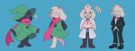  1boy :d absurdres animal_ears blue_background blush_stickers bow bowtie butler cake candle closed_eyes deltarune english_commentary fafameow fangs food glasses goat_ears goat_horns green-framed_eyewear hat heart highres horns looking_at_viewer multiple_views nurse nurse_cap open_mouth pink_eyes pink_horns pink_scarf ralsei round_eyewear scarf simple_background smile white_fur wizard_hat 