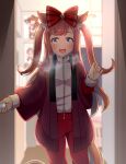  1girl agnes_digital_(umamusume) alternate_costume blue_eyes blurry blurry_background blush bow coat commentary_request door hair_bow hair_ornament heavy_breathing hoshino_ouka long_hair open_mouth opening_door pink_hair poster_(object) pov solo umamusume winter_clothes winter_coat 