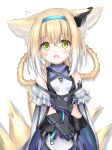  1girl :d animal_ear_fluff animal_ears arknights bangs bare_shoulders black_gloves blonde_hair blue_hairband blush braid breasts cloak covered_collarbone eyebrows_visible_through_hair flying_sweatdrops fox_ears fox_girl fox_tail gloves green_eyes hair_between_eyes hair_rings hairband highres kitsune langley1000 long_hair looking_at_viewer open_mouth purple_shirt purple_skirt shirt simple_background skirt sleeveless sleeveless_shirt small_breasts smile solo suzuran_(arknights) tail twin_braids white_background white_cloak white_shirt 