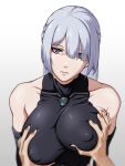  1boy 1girl ak-15_(girls&#039;_frontline) bangs bare_shoulders braid breasts closed_mouth covered_nipples eyebrows_visible_through_hair girls_frontline grey_background hetero highres large_breasts long_hair looking_at_viewer pov pov_hands rob_110101101 silver_hair solo_focus violet_eyes 