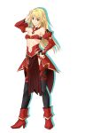  1girl armor bangs black_legwear blonde_hair breasts detached_sleeves eyebrows_visible_through_hair fate/apocrypha fate_(series) faulds full_body green_eyes grin hair_between_eyes hand_in_hair high_heels long_hair long_sleeves looking_at_viewer midriff mordred_(fate) mordred_(fate/apocrypha) navel red_bandeau red_footwear red_sleeves shadow simple_background small_breasts smile solo standing stomach straight_hair tachi-e under_boob very_long_hair white_background yustinos 