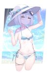  1girl bare_arms bare_shoulders beach bikini blue_bikini blush bob_cut border bow breasts closed_mouth cowboy_shot cropped_legs flower hand_on_headwear hand_up hat hat_bow hat_flower highres looking_at_viewer navel ocean sarong sketch small_breasts solo sun_hat swimsuit unizou viprpg white_border white_hair white_headwear yellow_eyes 