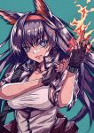  1girl animal_ears arknights bangs black_hair blaze_(arknights) blue_eyes cat_ears cat_girl cat_tail earpiece fingerless_gloves fire gloves hairband highres infection_monitor_(arknights) long_hair open_mouth originium_arts_(arknights) shokikanes solo tail upper_body 