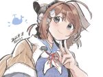  1girl artist_name bandana blue_serafuku braid brown_hair brown_shawl chougei_(kancolle) commentary_request dated grey_eyes hair_ornament hair_rings hairclip headgear highres kantai_collection kirisawa_juuzou long_hair neckerchief sailor_collar school_uniform serafuku simple_background solo twin_braids upper_body v whale white_background white_neckwear 