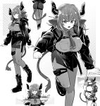  1girl animal_ears arknights bangs boots breasts cow_ears cow_girl cow_tail grin highres horns iwashi_80 jacket long_sleeves monochrome necktie open_mouth pantyhose pencil_skirt short_hair sideroca_(arknights) sideroca_(light_breeze)_(arknights) skirt smile solo tail 