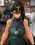  1girl apron bangs bare_shoulders barista black_hair black_pants breasts coffee dark-skinned_female dark_skin elf eyebrows_visible_through_hair halterneck highres iced_latte_with_breast_milk_(meme) large_breasts lilith_(lilycious) lilycious mole mole_on_breast multicolored_hair original pants pointy_ears skindentation strap streaked_hair undersized_clothes yellow_eyes 
