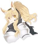  1girl animal_ear_fluff animal_ears arknights armor bangs blonde_hair closed_mouth headphones highres horse_ears horse_girl long_hair nearl_(arknights) pauldrons ponytail shoulder_armor solo upper_body vhdtyzusixc7fai white_background yellow_eyes 