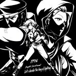  absurdres action earrings english_text eyepatch fighting_stance greyscale headphones heidern highres hijab jacket jacket_on_shoulders jewelry monochrome najd necktie okyou short_hair shun&#039;ei the_king_of_fighters 