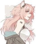  1girl animal_ears arknights bangs bare_shoulders blush brown_eyes eyebrows_visible_through_hair gravel_(arknights) hood hooded_jacket jacket long_hair looking_to_the_side mouse_ears off_shoulder parted_lips pink_hair solo upper_body vhdtyzusixc7fai 