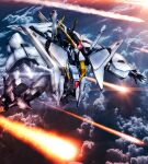  airborne clouds cloudy_sky commentary_request debris flying glowing glowing_eyes green_eyes gundam gundam_hathaway&#039;s_flash highres mecha mobile_suit no_humans open_hands science_fiction sky solo v-fin xi_gundam youiki 