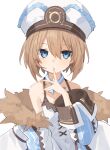  1girl bare_shoulders blanc_(neptune_series) blue_eyes brown_hair buran_buta coat dress finger_to_mouth flat_chest hair_between_eyes hat highres looking_at_viewer neptune_(series) short_hair simple_background solo upper_body white_background white_dress white_headwear 