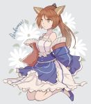  1girl animal_ears arknights bare_shoulders brown_hair character_name commentary dress highres jacket long_hair off_shoulder parted_lips perfumer_(arknights) ponytail sleeveless sleeveless_dress solo spaghetti_strap vhdtyzusixc7fai white_dress 