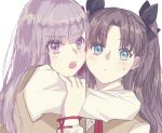  2girls black_bow blue_eyes blush bow breasts brown_hair collared_shirt eyebrows_visible_through_hair fate/stay_night fate_(series) homurahara_academy_uniform huge_breasts long_hair looking_at_viewer matou_sakura multiple_girls open_mouth purple_hair roku_(ntbr_fate) shirt siblings sisters sweatdrop tohsaka_rin two_side_up upper_body vest violet_eyes white_background white_shirt yellow_vest 