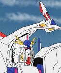  1970s_(style) clouds cloudy_sky commentary gundam gundam_hathaway&#039;s_flash highres mecha mobile_suit mobile_suit_gundam no_humans parody penelope_(hathaway&#039;s_flash) pink_eyes quality retro_artstyle science_fiction sky solo style_parody taka_two upper_body v-fin 