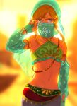  1boy arabian_clothes blonde_hair blue_eyes circlet collarbone commentary_request crossdressing gerudo_set_(zelda) groin hand_up harem_pants highres jewelry link looking_at_viewer male_focus meipu_hm midriff mouth_veil navel official_alternate_costume pants standing the_legend_of_zelda the_legend_of_zelda:_breath_of_the_wild veil 