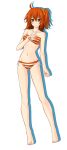  1girl ahoge barefoot bikini blush collarbone contrapposto fate/grand_order fate_(series) fujimaru_ritsuka_(female) full_body grin hair_ornament hair_scrunchie halterneck highres long_hair looking_at_viewer navel orange_bikini orange_hair ribbon scrunchie shiny shiny_hair side-tie_bikini side_ponytail simple_background smile solo standing striped striped_bikini swimsuit tachi-e white_background white_ribbon yellow_eyes yellow_scrunchie yustinos 