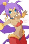  1girl blue_eyes bracer breasts choker closed_mouth dark-skinned_female dark_skin earrings highres hoop_earrings jewelry long_hair looking_at_viewer medium_breasts navel oyster_(artist) pointy_ears ponytail purple_hair shantae shantae_(series) simple_background smile solo very_long_hair white_background 