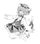  1girl animal_ears bow bowtie cat_ears cat_tail chen earrings eyebrows_visible_through_hair full_body hat highres jewelry kuroshirase long_sleeves looking_at_viewer mob_cap multiple_tails neckwear nekomata one_eye_closed open_mouth shirt short_hair single_earring skirt socks tail touhou two_tails vest 