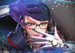  1girl bayonetta bayonetta_(series) bayonetta_3 black_hair braid clothing_cutout earrings eyeshadow glasses gloves jewelry kara_namako lipstick long_hair looking_at_viewer makeup mole mole_under_mouth multicolored_hair redhead ribbon simple_background smile solo streaked_hair twin_braids 